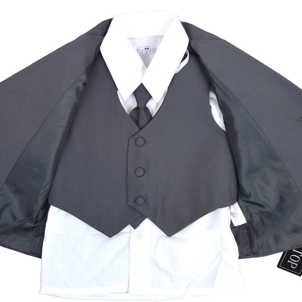 TIP TOP Kids Charcoal Grey 2 Button Tuxedo Jacket‎ with Shirt & Tie, Size 24M